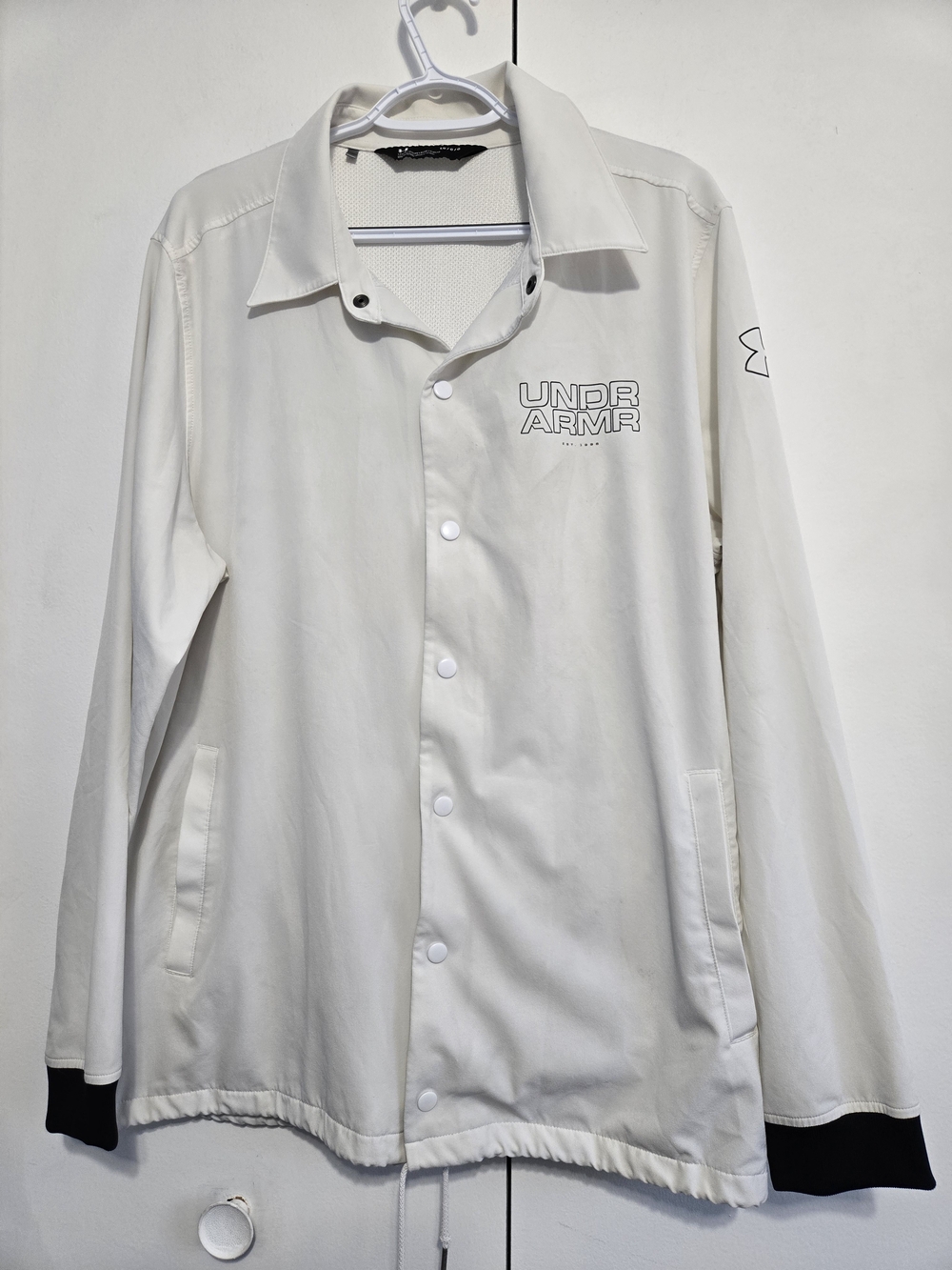 Under Armour UNDR ARMR Coach Jacket Mens L White Snap Front Logo Streetwear